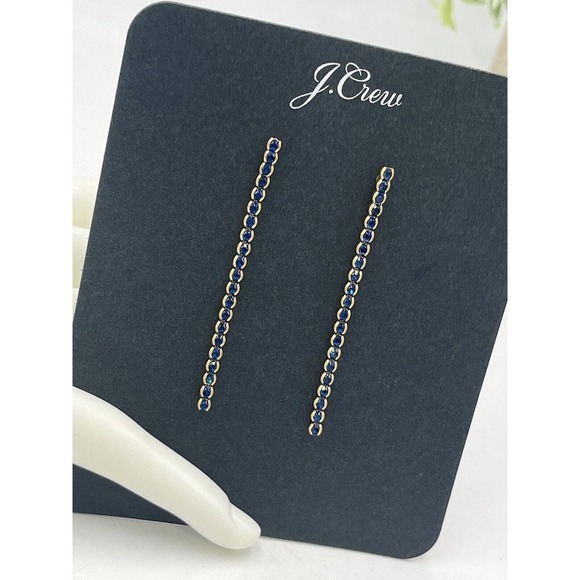 J. Crew Beautiful Blue Crystal Linear Dangle Gold Tone Earrings New - Picture 5 of 9